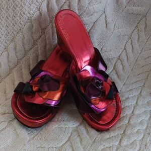 Donald J. Pliner Red Satin Mules with Floral Accent